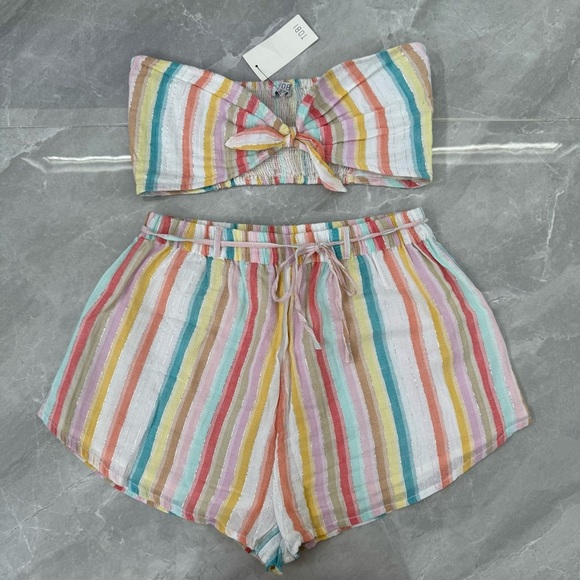 Women’s TOBI I Want It Crop Top Bandeau And Shorts Rainbow Stripe Two Piece Set - Picture 3 of 16
